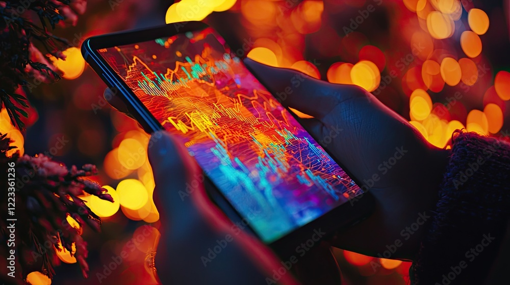 Poster A close-up view of hands holding a smartphone displaying vibrant digital graphs and data visualizations, capturing the essence of modern technology and analytics in a war