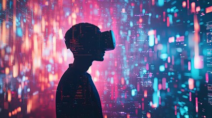 A person with a virtual reality headset stands in a captivating environment filled with abstract digital graphics and vibrant data visualizations, symbolizing cutting-edg