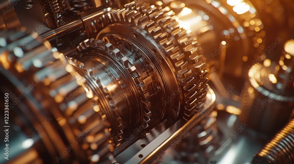 Poster close-up view of industrial machinery featuring intricate gears and cogs. the image captures the ess