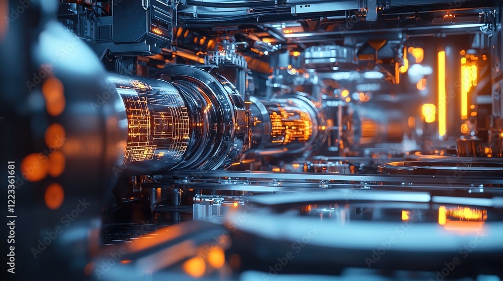 Poster A detailed view of a futuristic industrial environment featuring glowing infrastructure and digital networking, showcasing innovation in modern manufacturing processes.