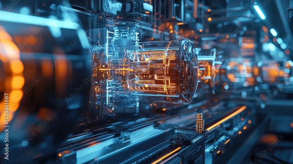 Poster A detailed view of a futuristic industrial environment featuring glowing infrastructure and digital networking, showcasing innovation in modern manufacturing processes.