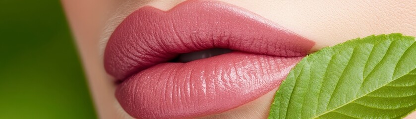 Fototapeta premium A close-up of soft, pink lips gently touching a green leaf, symbolizing beauty, nature, and sustainability.