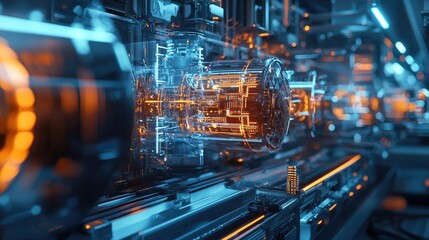 Fototapeta premium A detailed view of a futuristic industrial environment featuring glowing infrastructure and digital networking, showcasing innovation in modern manufacturing processes.