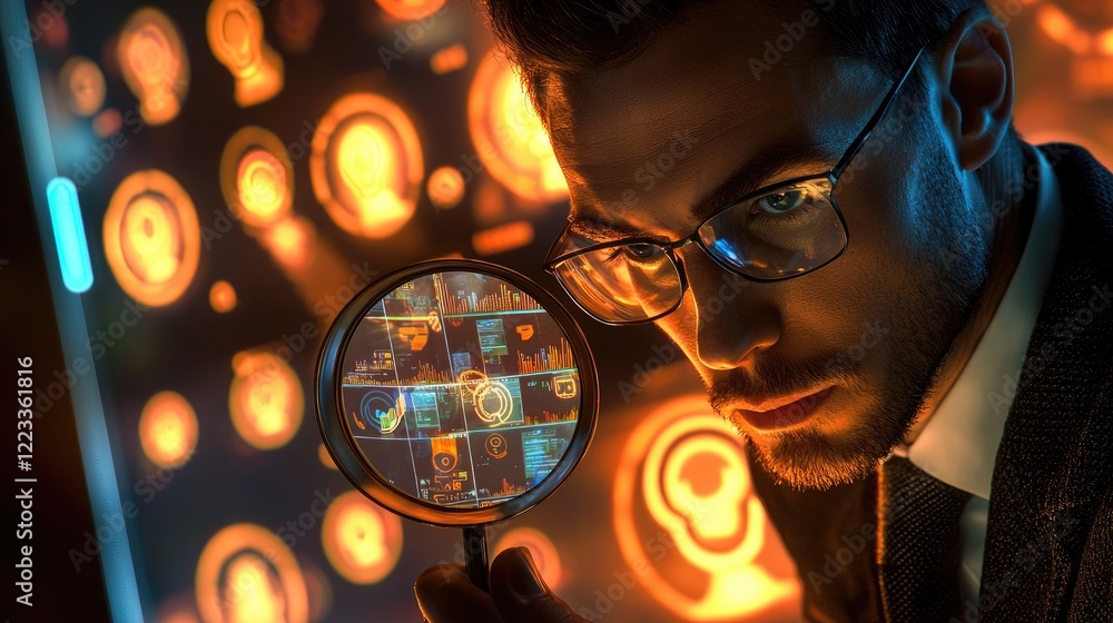 Poster a focused businessman examines a digital profile using a magnifying glass. the backdrop features glo