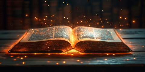 Magical open book illuminates sparkling ideas enchanted library fantasy art dimly lit environment close-up view knowledge and imagination