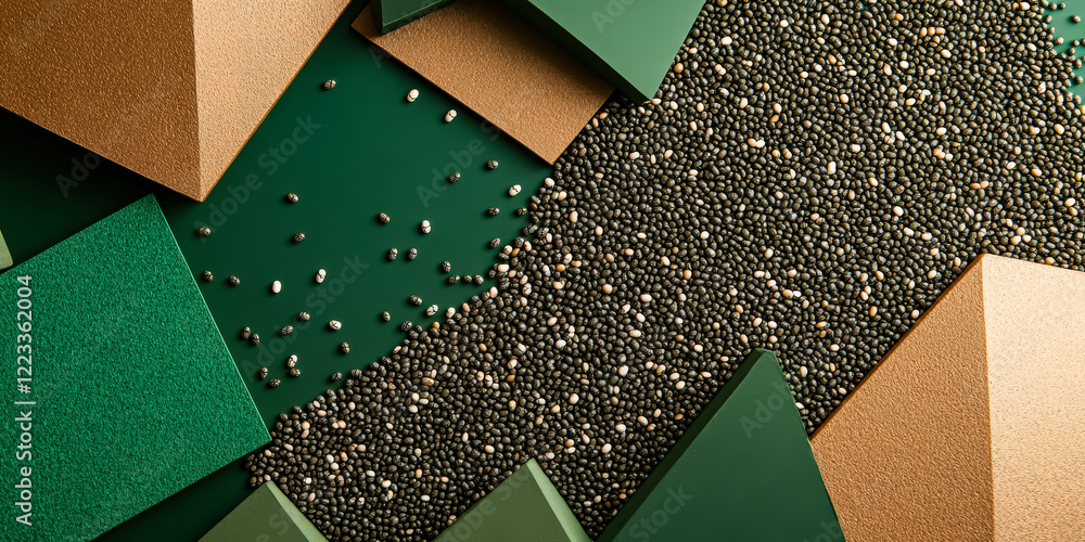Poster green and brown background with a lot of small black and gold objects. the objects are scattered all
