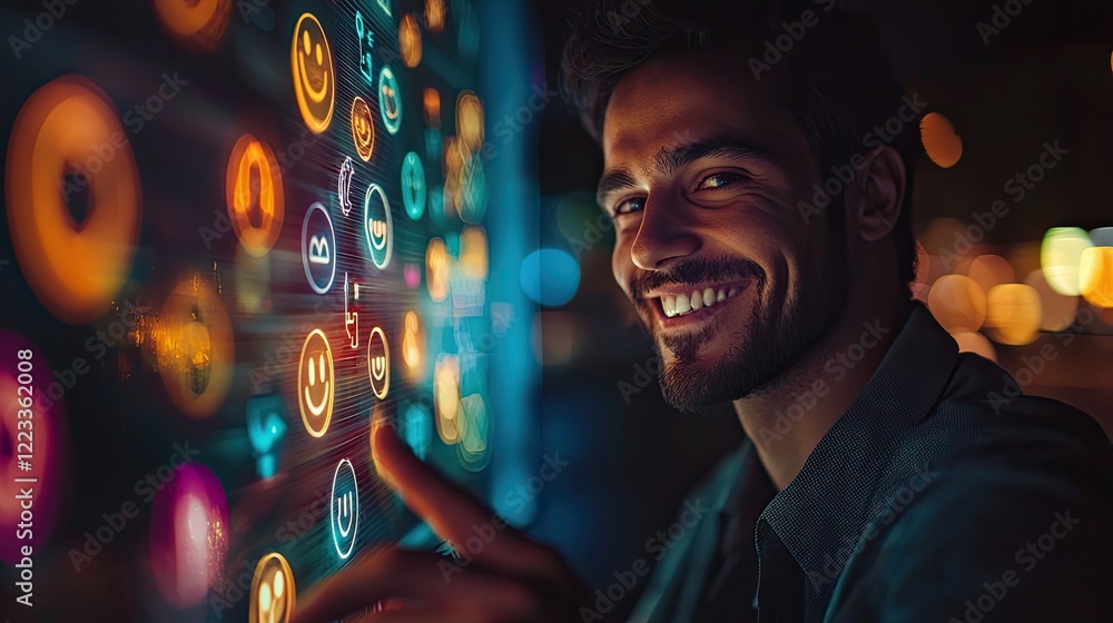 Poster Smiling man interacting with digital touchscreen displaying emoticons in a modern setting at night, showcasing technology and engagement with user interface