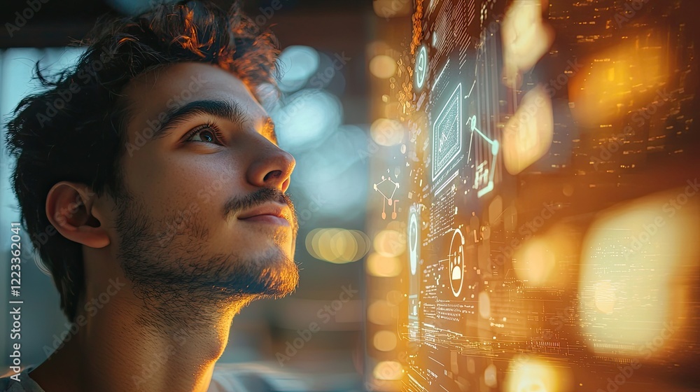 Aufkleber young man looking at a digital screen with symbols of happiness and technology in a modern office en