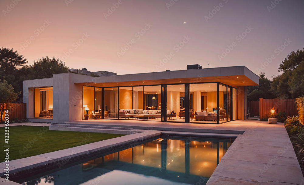 Aufkleber a large house with a pool and a large glass door. the house is lit up at night, creating a warm and 