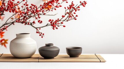 Minimalist ceramic tea set with red blossoms on a white background