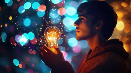 Thoughtful man holding glowing light bulb with creative sparks and colorful bokeh background, representing innovation and inspiration in concept photography