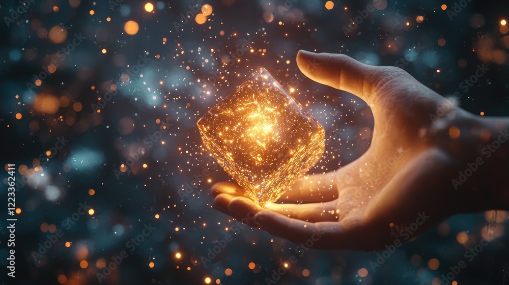 Poster hand reaching toward glowing sparkling cube with shimmering particles in mystical dark environment