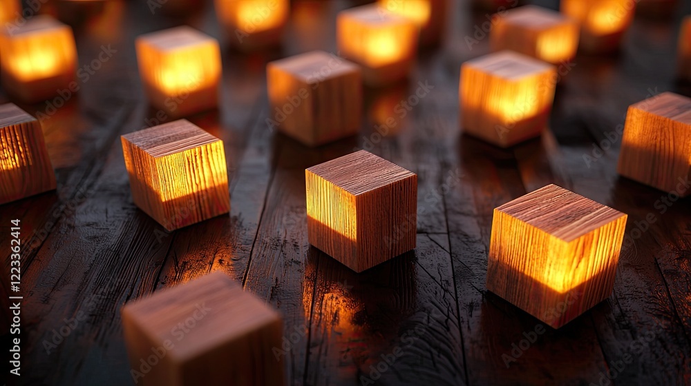 Aufkleber illuminated wooden cubes on a dark wooden surface creating a mesmerizing warm glow in a conceptual a