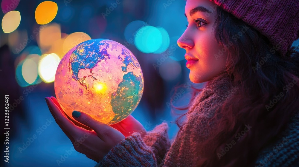 Poster young woman holding illuminated globe symbolizing global connection and awareness in a vibrant, crea