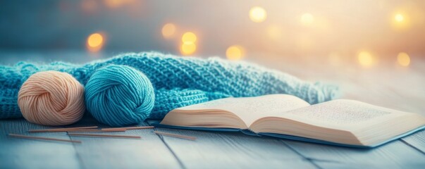 A cozy scene featuring colorful yarn balls, a soft blanket, and an open book, evoking relaxation and creativity.