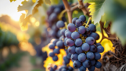 Fototapeta premium Ripe black or blue grenache wine grapes used to make rose or red wine are ready to harvest in vineyards in Cotes de Provence, region Provence, south of France. Close up.