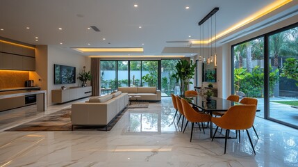 Fototapeta premium Luxurious Modern Villa Interior Design: Open Plan Living and Dining Area