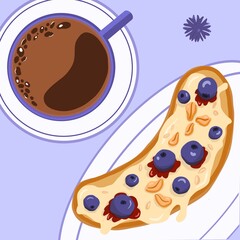 Breakfast, delicious start to the day. Healthy sandwich with berry, cereals and cup of coffee. Top of view. Cartoon illustration in  purple color. 