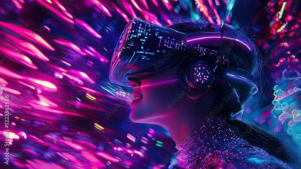 Poster Young woman experiences virtual reality through immersive headset in vibrant neon setting with glowing light patterns and digital interface elements