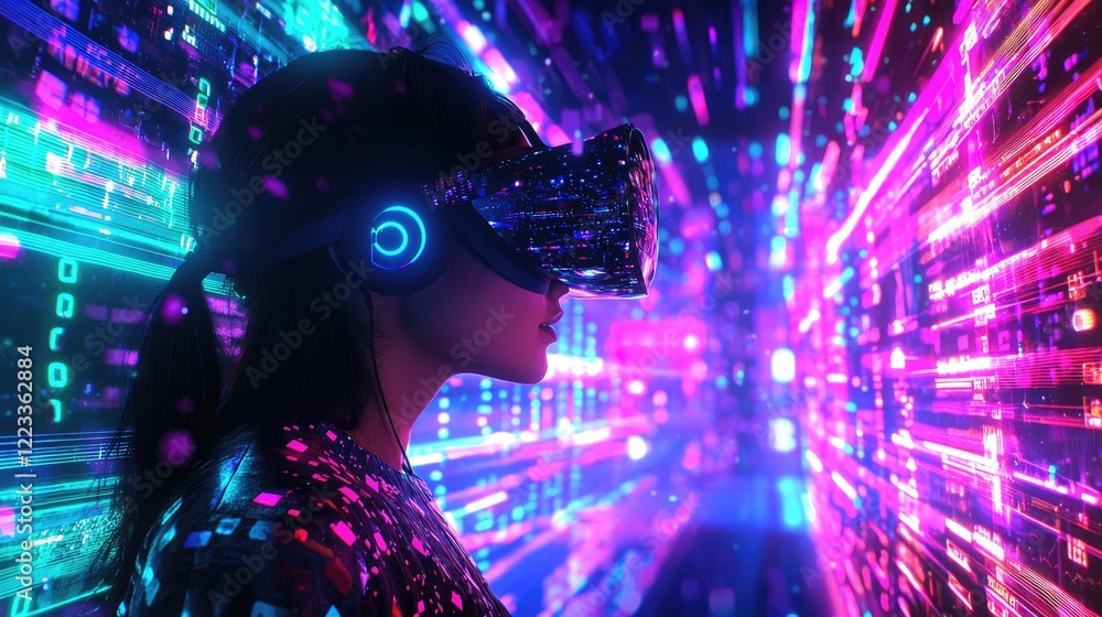 Aufkleber young woman experiences virtual reality through immersive headset in vibrant neon setting with glowi
