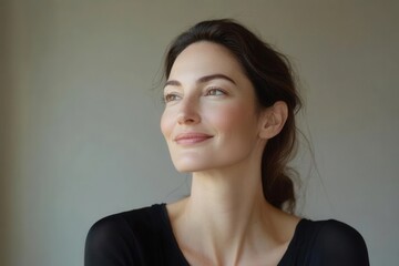 Fototapeta premium elegant woman embracing natural beauty, soft window light illuminating confident smile, minimalist portrait emphasizing strength and grace