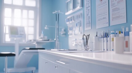 Modern medical examination room with blue walls and medical equipment