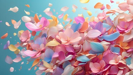 A vibrant arrangement of two large, stylized flowers in soft pastel colors.