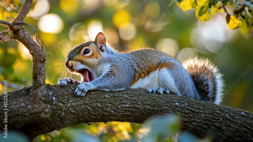Poster yawning squirrel on tree branch in sunlit forest setting