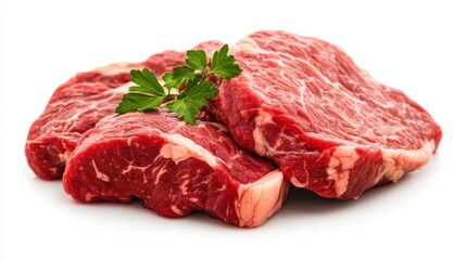 Fresh Raw Beef Cuts with Green Parsley on a White Background