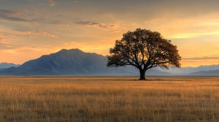 Obraz premium Solitary tree at sunset in mountain valley, peaceful landscape, nature background, ideal for serenity