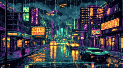 Pixelated Cyberpunk Cityscape Raining At Night