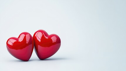 Fototapeta premium Pair Of Glossy Red Hearts On A Plain White Canvas