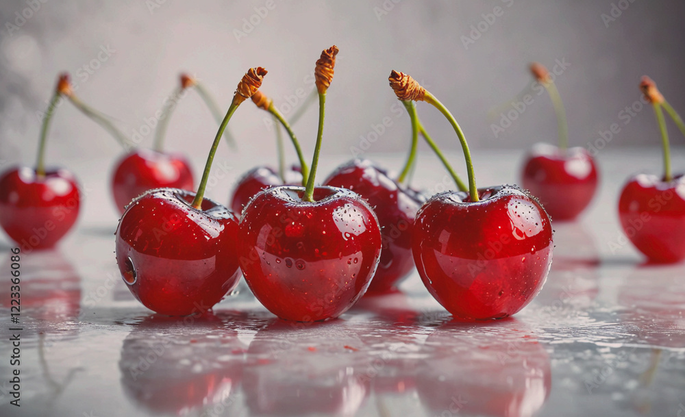 Poster a bunch of red cherries are sitting on a table. the cherries are shiny and wet, and they are arrange