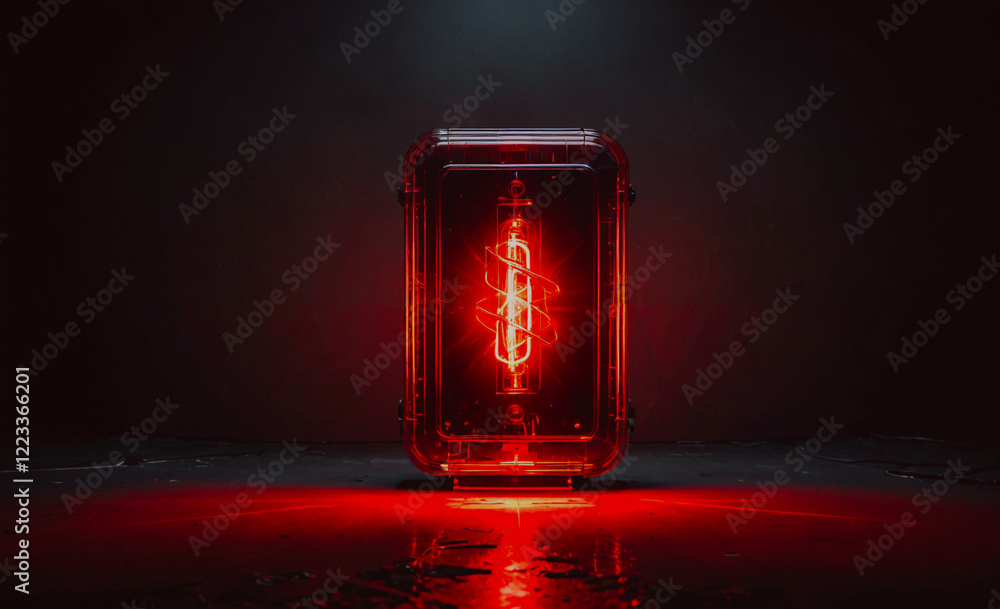 Poster A red light is lit up in a dark room. The light is glowing and casting a red hue on the surrounding area. Concept of mystery and intrigue, as the light seems to be emanating from an unknown source