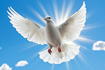 Fototapeta premium White dove flying in sky with sun rays