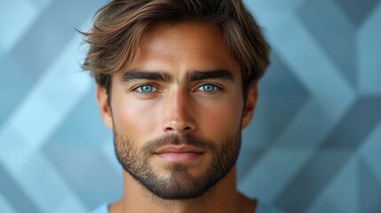 Obraz premium Young Man with Intense Gaze Against Geometric Background