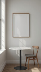 Mockup frame in cozy Scandinavian dining interior with minimalist modern setup, 3d render.