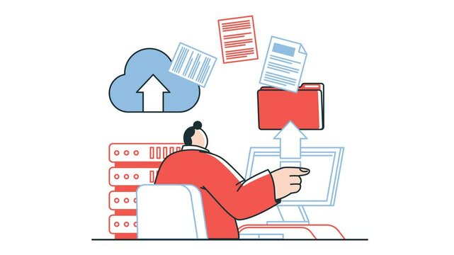 A computer scientist sits at a desktop, data files are moved from the computer to the server. Flat art animation about metadata
