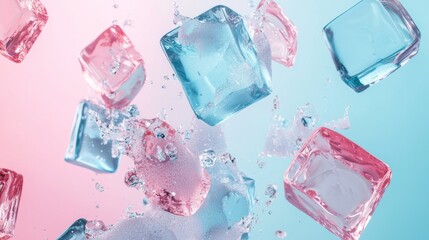 Floating ice cubes in a vibrant pink and blue background