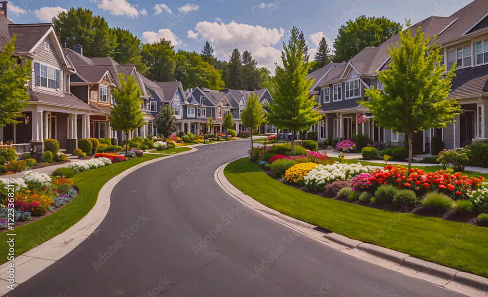 Poster a row of houses with a street in between. the street is lined with trees and flowers. the houses are