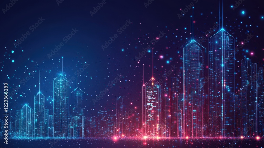 Poster beams of light illuminate a futuristic cityscape, composed of interconnected digital nodes, symboliz