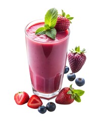 Refreshing berry smoothie with strawberries and mint served in a glass on a white background