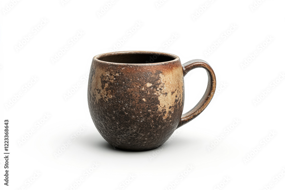 Poster cup with a brown handle sits on a white background. the cup is made of a material that has a rough t