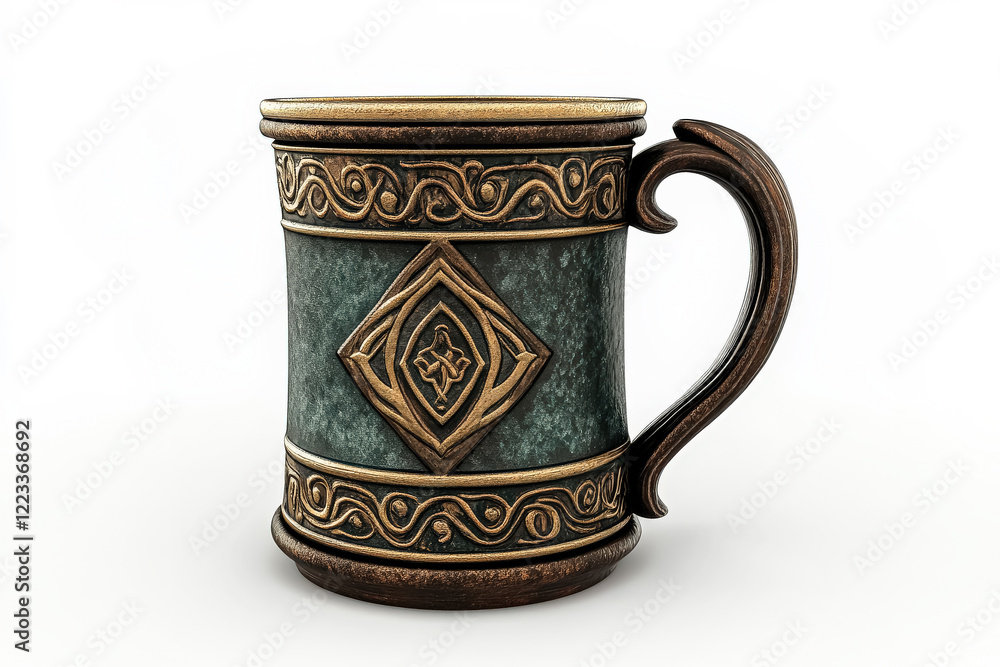 Poster mug with a design of a cross and a circle on it. the mug is brown and has a handle