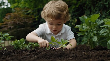 Cute boy enjoys a delightful summer day picking cherries in a vibrant garden filled with fresh fruit.