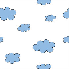 doodle cartoon style seamless pattern with blue clouds on a white background