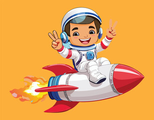 Astronaut Waving Hand to Rocket flat Cartoon Vector design, and Cute Cartoon Astronaut Riding Rocket and Waving Vector.