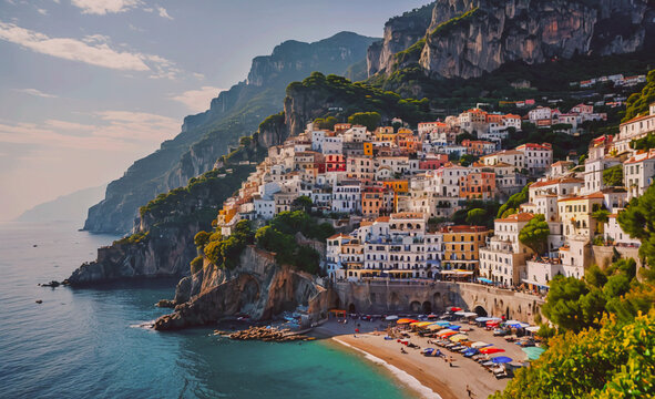 A beautiful beach with a small town in the background. The beach is full of people and umbrellas
