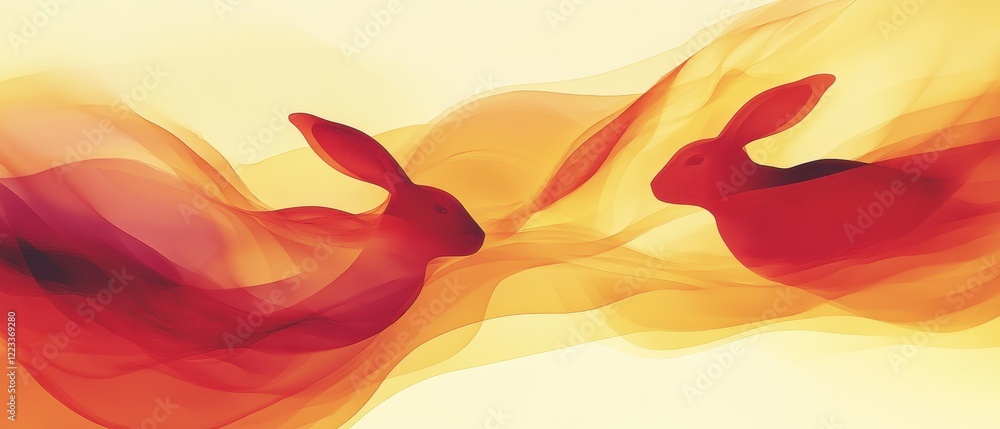 Poster abstract art featuring two rabbits in vibrant shades of orange and red, creating a dynamic sense of 