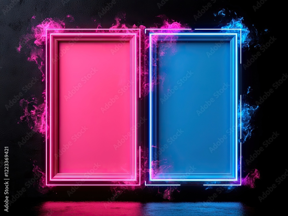 Poster dynamic neon frame art display modern gallery digital artwork urban setting front view contemporary 